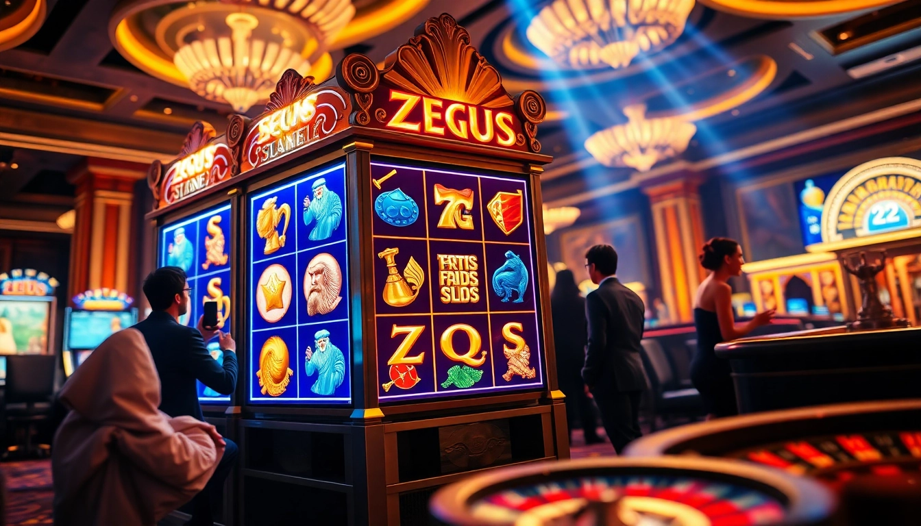 Spin the reels on the exciting zeus slot machine amidst a vibrant casino atmosphere.