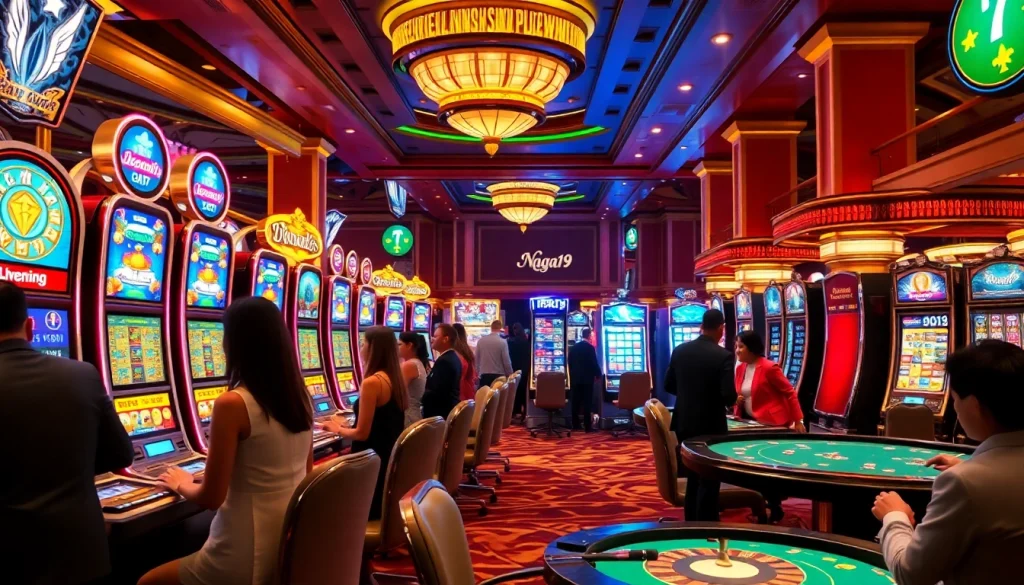 Experience the excitement of deposit pulsa Naga169 at a luxurious gaming casino with vibrant slot machines.