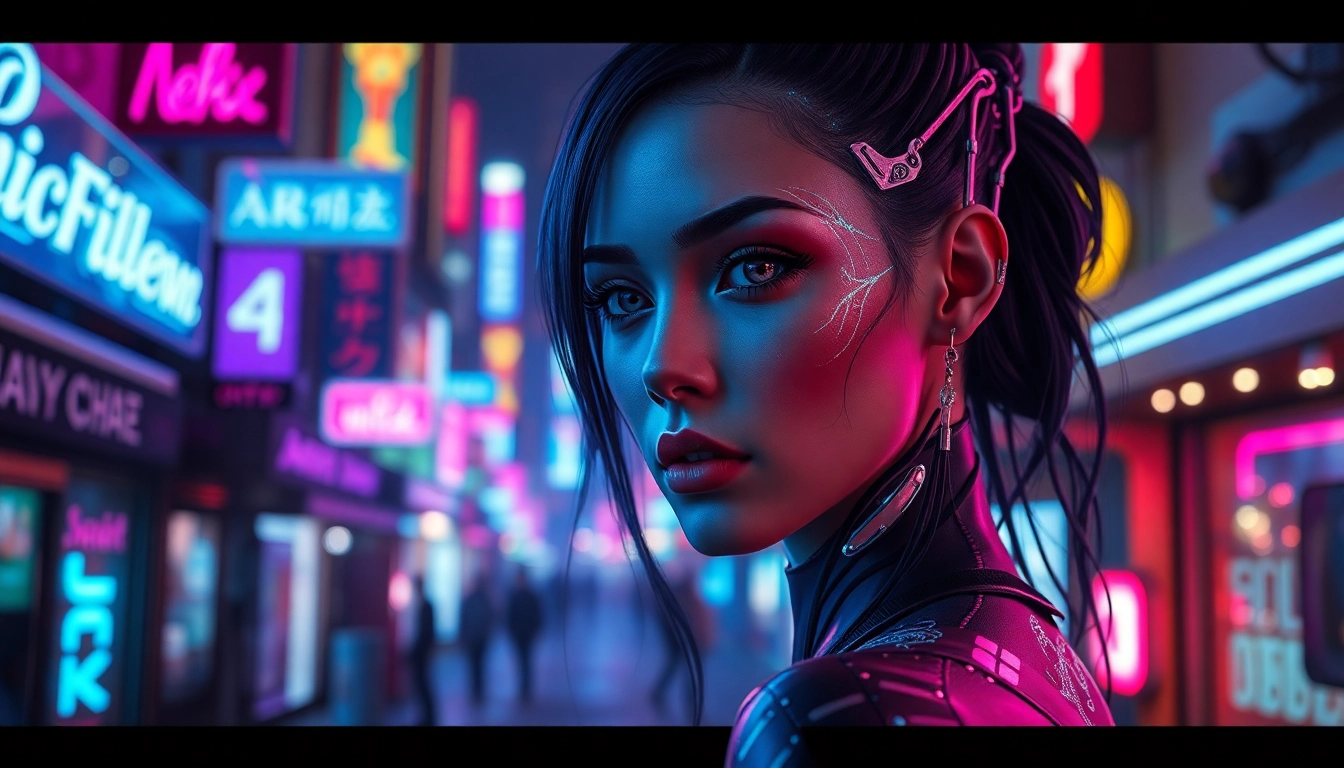 AI NSFW character in a vibrant neon-lit cityscape, showcasing futuristic design and alluring beauty.