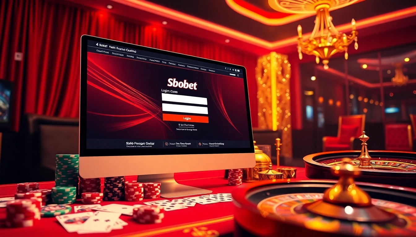 Engage with sbobet login at a luxurious online casino setting filled with poker chips and roulette wheels.