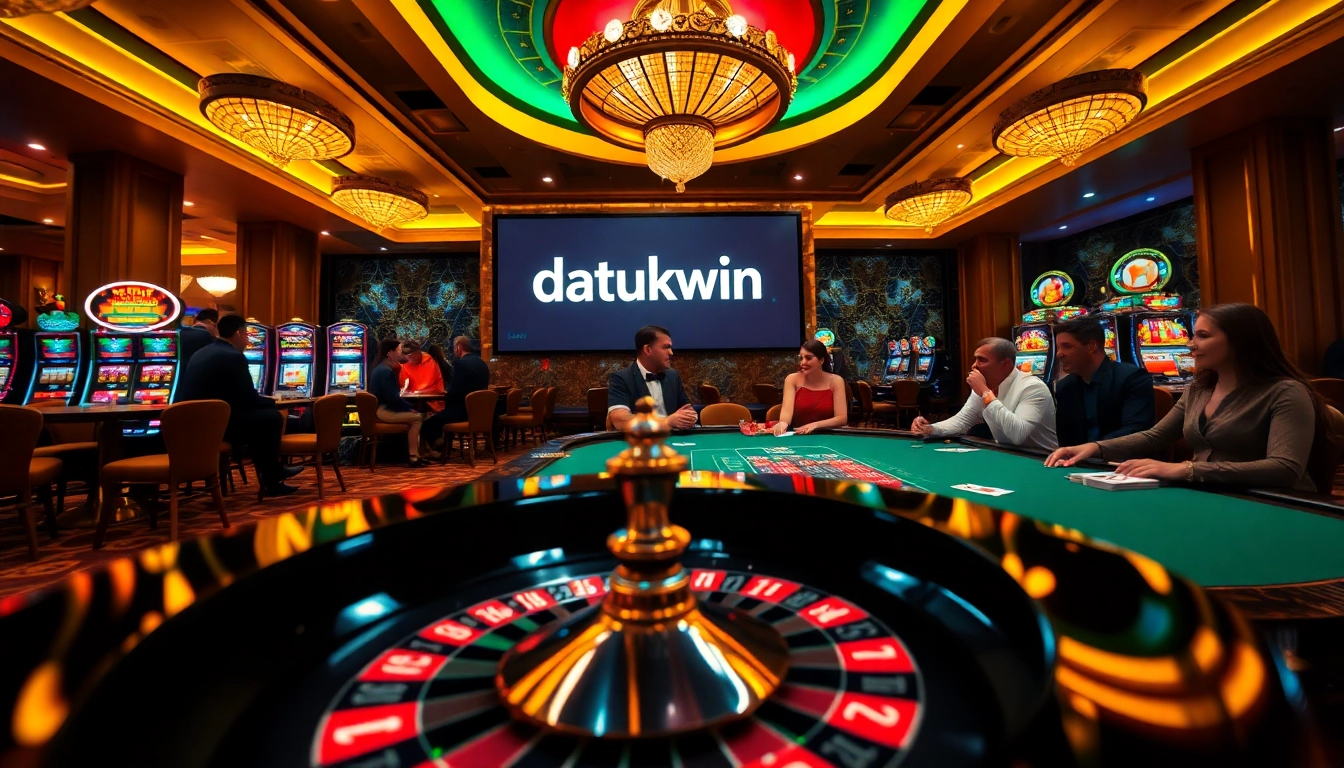 Para pemain menikmati permainan kasino yang mendebarkan di meja mewah, menggambarkan sensasi Datukwin.