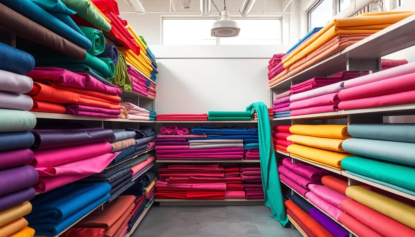 Bekijk kleuren en textuur van stretch stoffen in een stoffenwinkel.