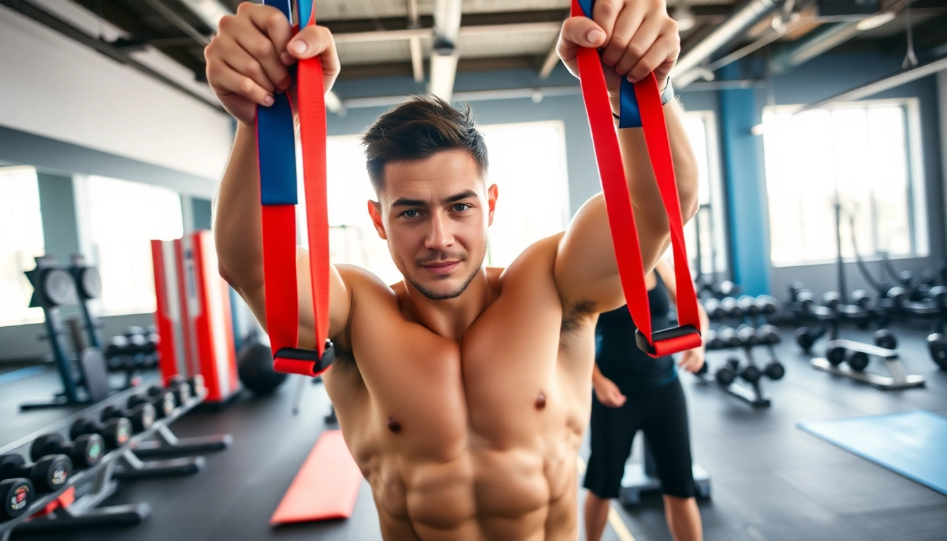 Fit individual training with pull-up resistance bands in a vibrant gym.