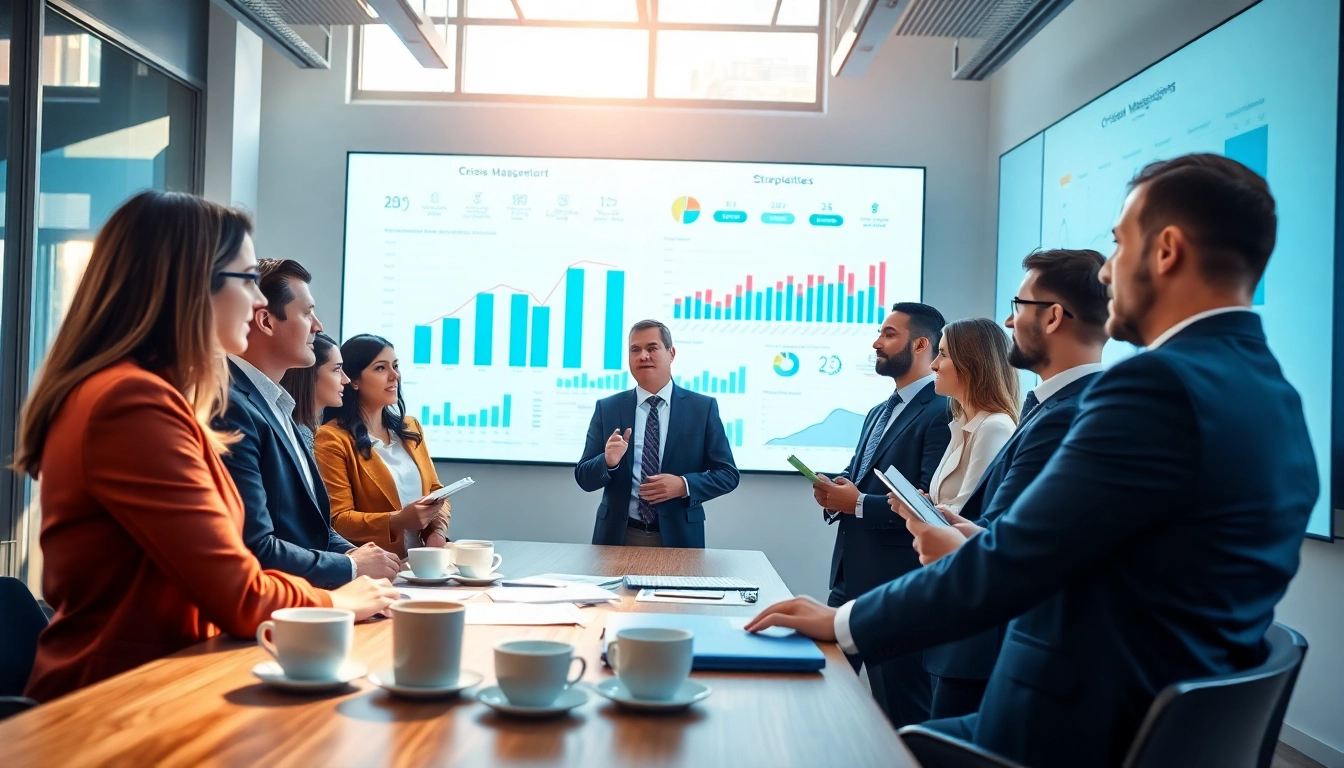 Crisis management consultant leading a team discussion in a professional environment.