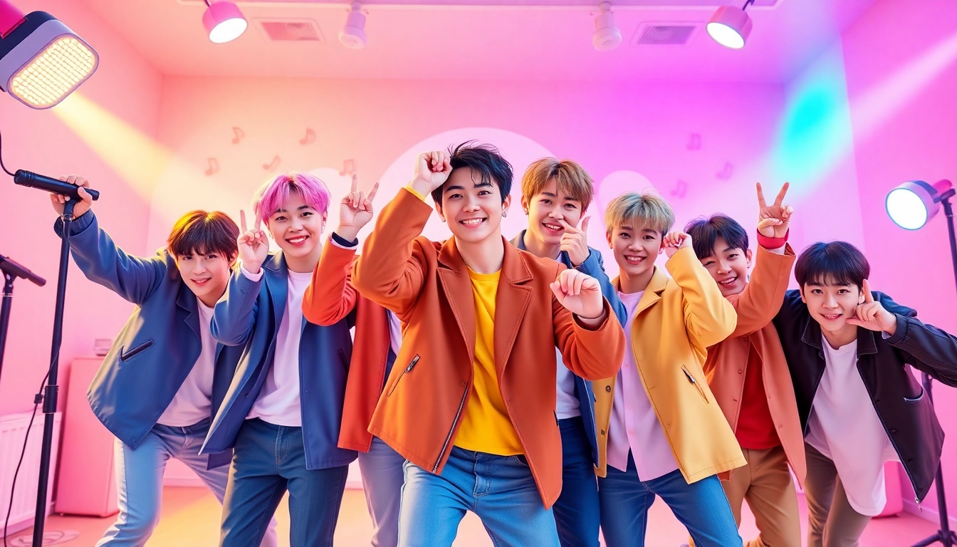 BTS members posing energetically against a colorful and vibrant music-themed background.