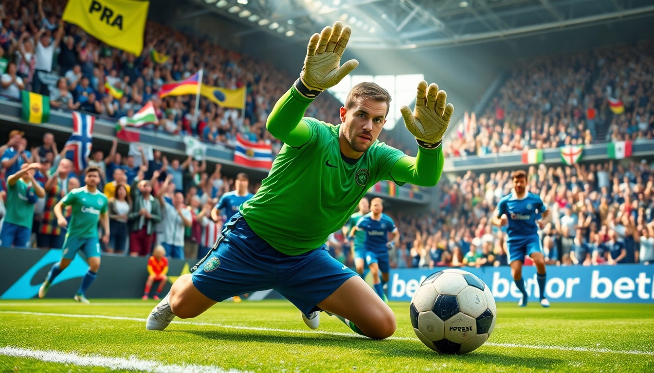 Catch thrilling ผลบอลภาษาไทย action as a goalkeeper makes a spectacular save in a lively stadium.