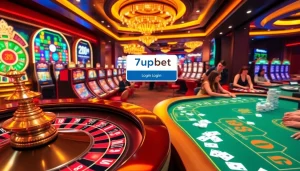 Engage in the thrilling 7upbet login experience surrounded by vibrant casino tables and slot machines.