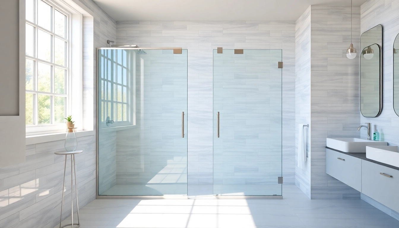 Showcase of sunney shower doors in a bright, modern bathroom with elegant tile work.