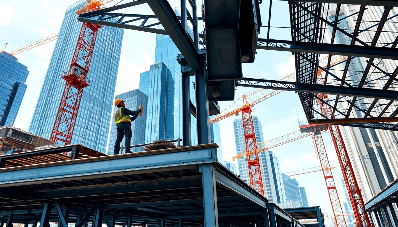 Workers engaged in structural steel construction highlight an urban building project.