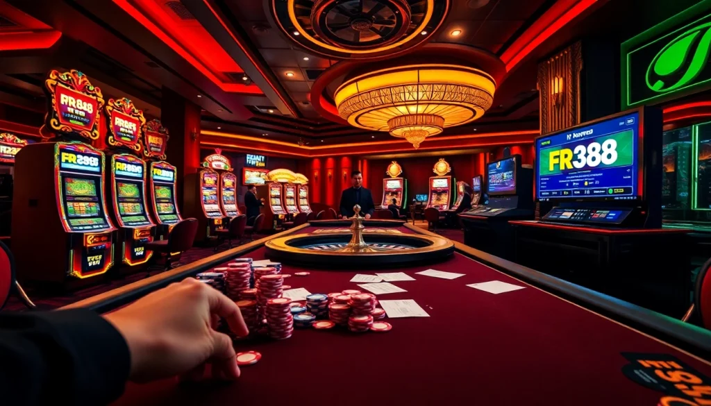 Experience the thrill of RR88 at a luxurious casino table filled with vibrant slot machines and poker action.