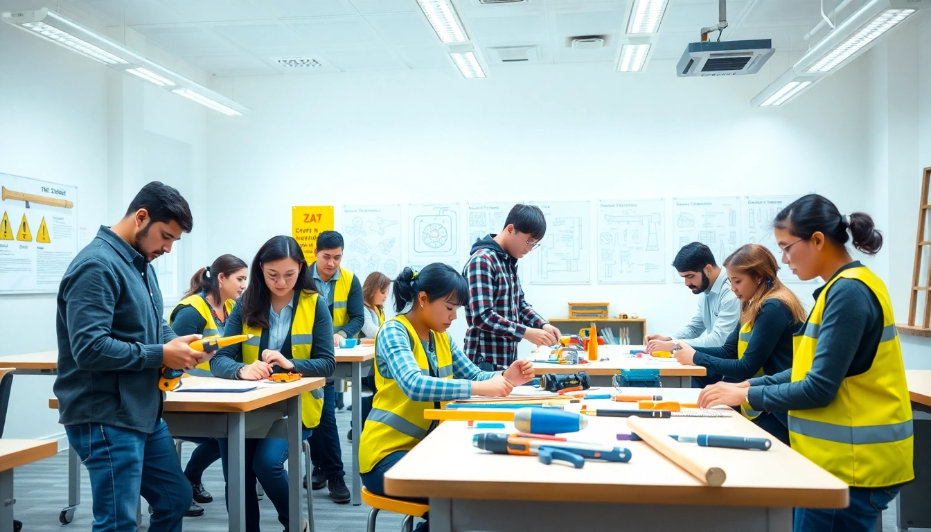 Students learning at construction trade schools in Texas, hands-on training in a bright environment.