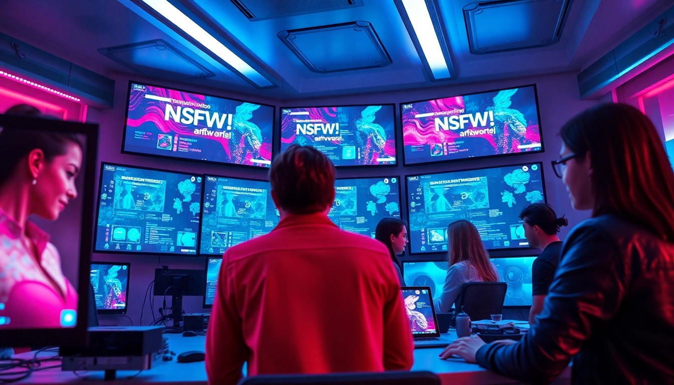 Engaging scene of diverse individuals using nsfw ai applications in a futuristic workspace