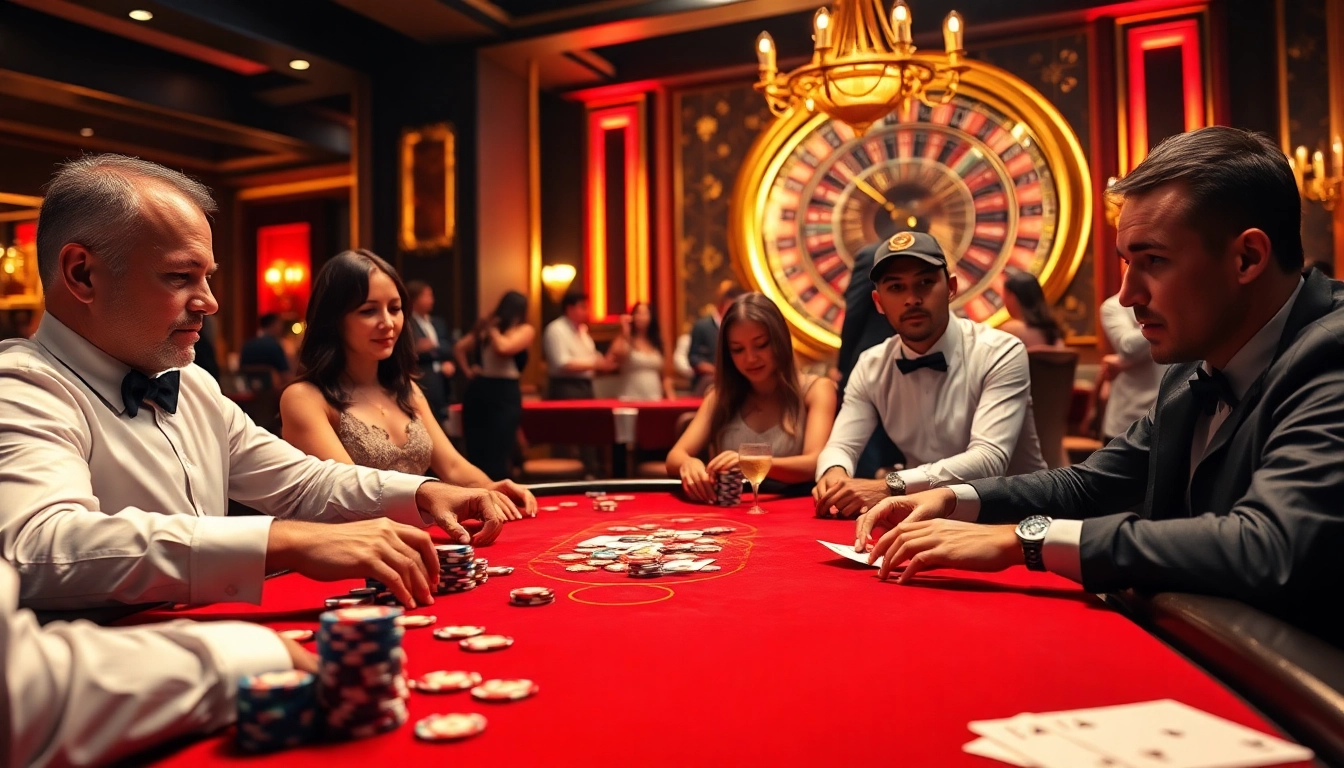 Engaging players at an i9bet poker table with vibrant chips and a roulette wheel, showcasing excitement.