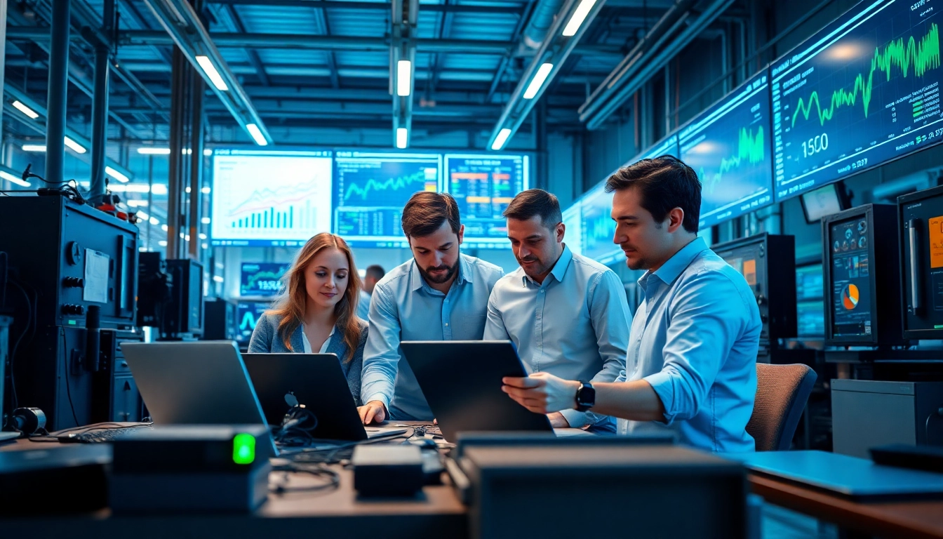 Analyze das 140 data trends in an industrial workspace with a collaborative team.