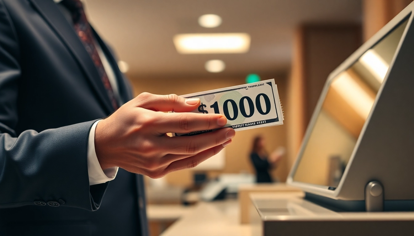 Membuat deposit 1k di bank, seorang teller menerima uang tunai dengan aman.