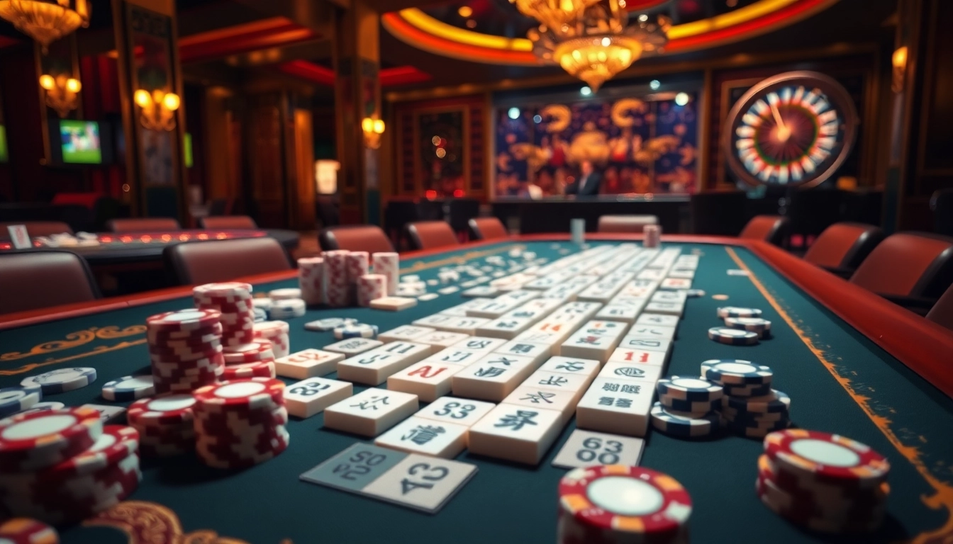 Bergabung dalam link mahjong di kasino mewah, menampilkan ubin yang berwarna-warni dan suasana yang seru.