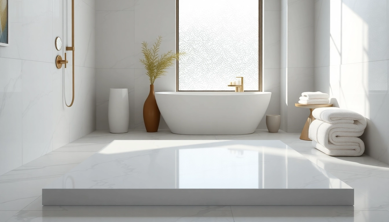 Showcasing a modern shower base in a stylish bathroom with marble tiles and natural lighting.