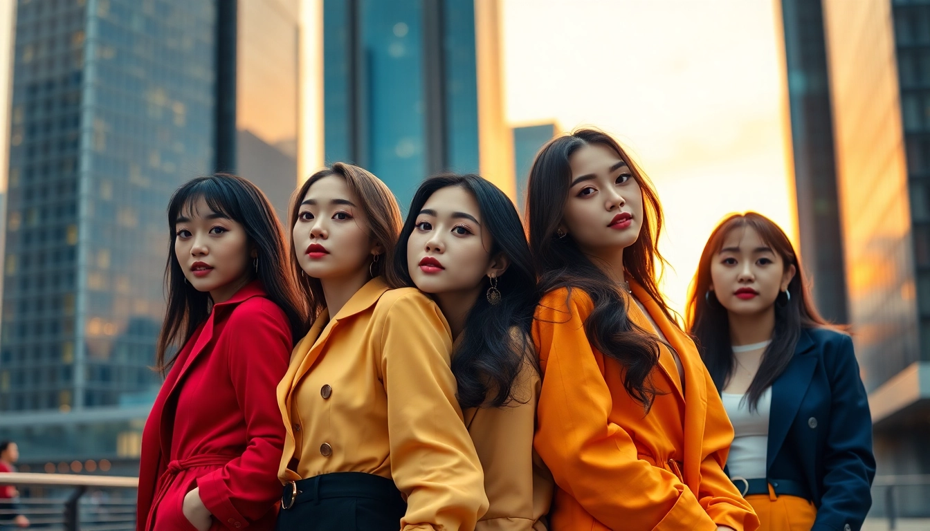 BLACKPINK members Jisoo, Jennie, Rosé, and Lisa posing stylishly in an urban setting during sunset.