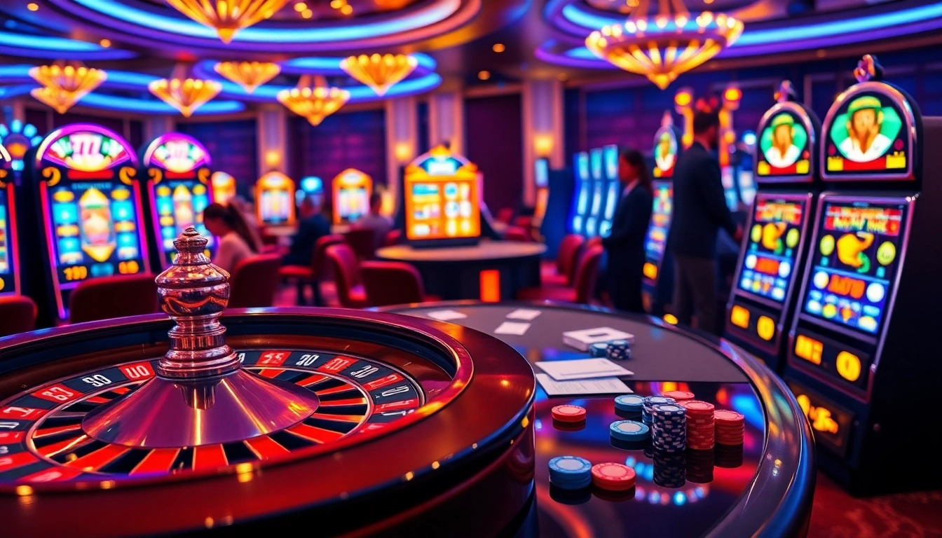 Experience excitement at idn slot 777 with vibrant slot machines and a roulette wheel in a luxurious casino.