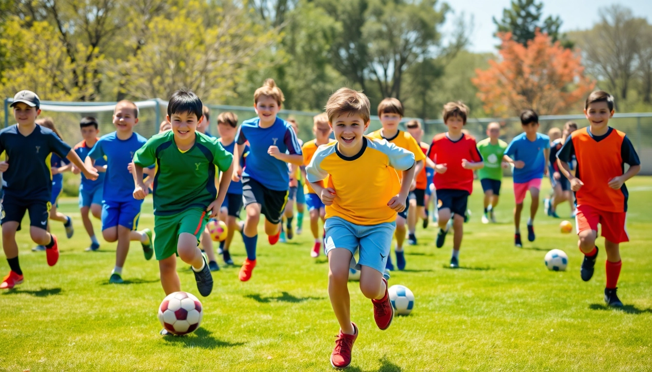 Active participation in Multi Sports Camps for Boys showing teamwork and fun in a vibrant outdoor setting.
