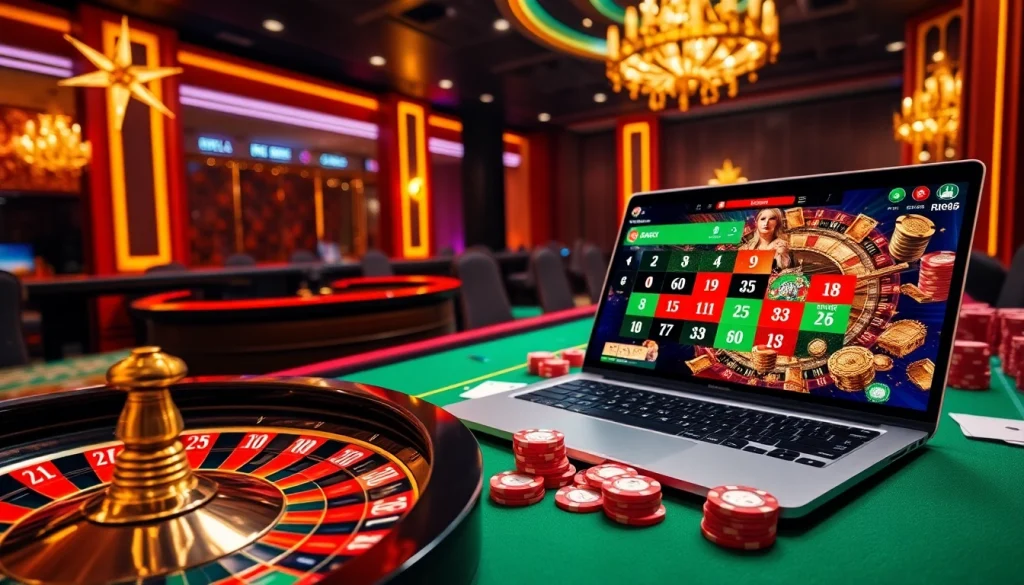 Experience the excitement of RR88 with a vibrant casino scene featuring roulette and poker tables.