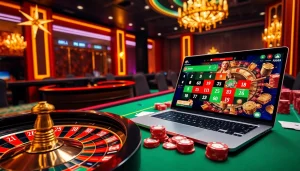 Experience the excitement of RR88 with a vibrant casino scene featuring roulette and poker tables.