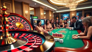 Players enjoying exciting casino games at MM88, featuring a roulette table and poker chips.
