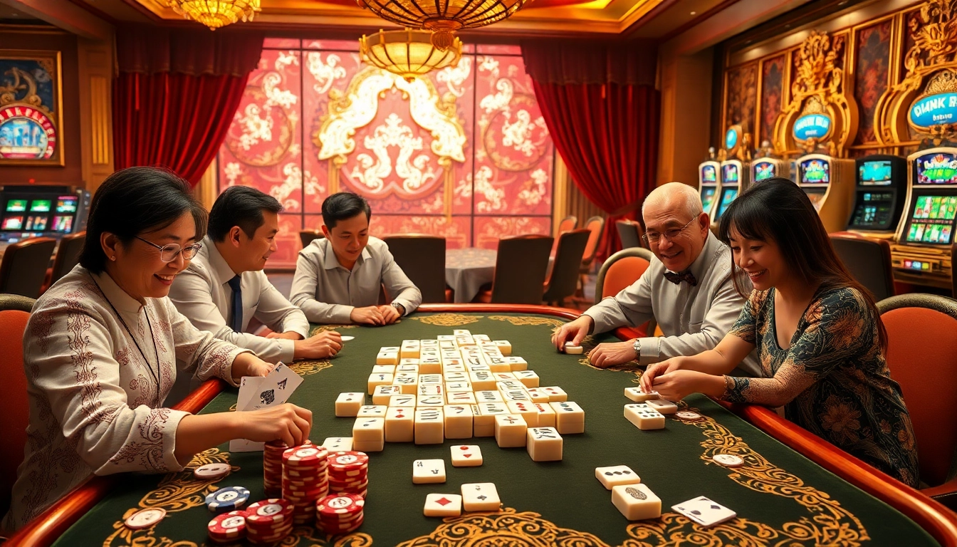 Players strategizing in a casino setting while engaging with link mahjong tiles, creating a thrilling atmosphere.