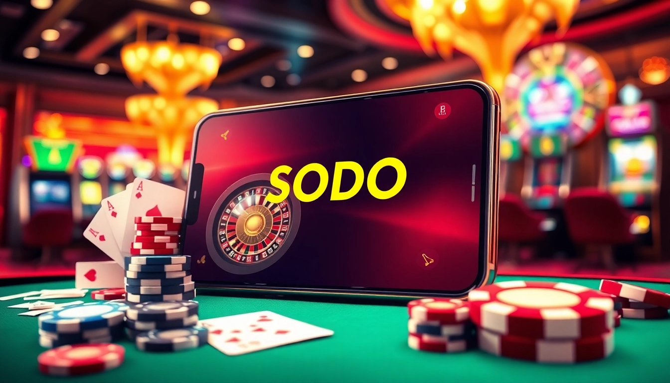 SODO Casino mobile gaming interface showcasing poker chips and a roulette wheel.