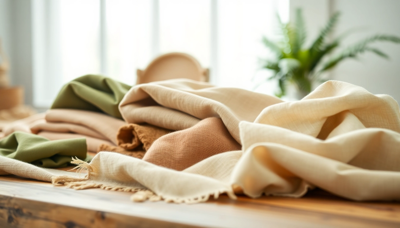 Duurzame stoffen assortiment met organisch katoen en hennep, zorgvuldig gepresenteerd op een houten tafel.