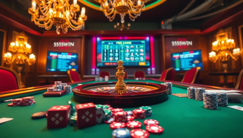 Experience the excitement of 555win com with a vibrant casino scene featuring poker chips, dice, and a roulette wheel.