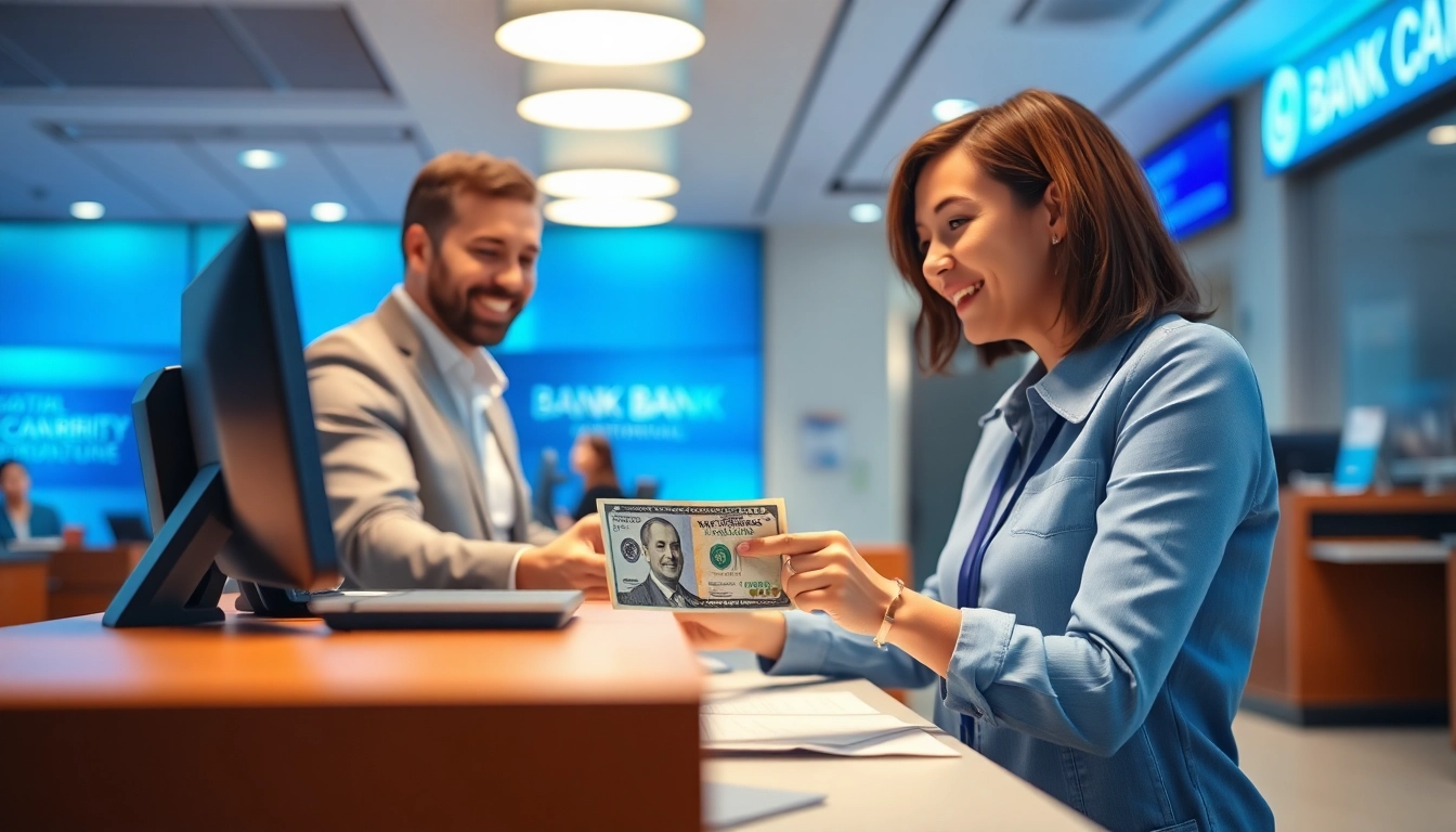 Menggambarkan proses deposit 1k uang tunai di bank dengan teller dan pelanggan.