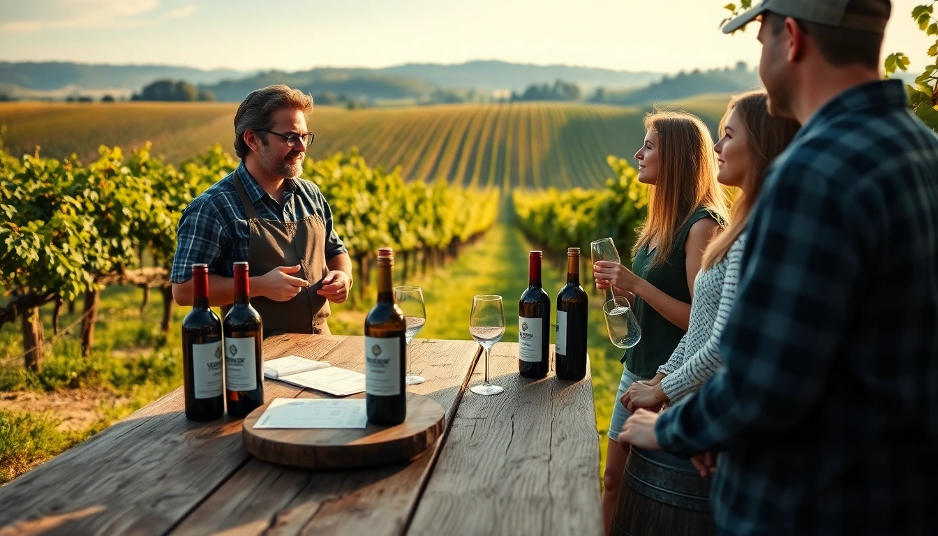 Engaged visitors learn about Winery Membership from a knowledgeable winemaker in a scenic vineyard setting.