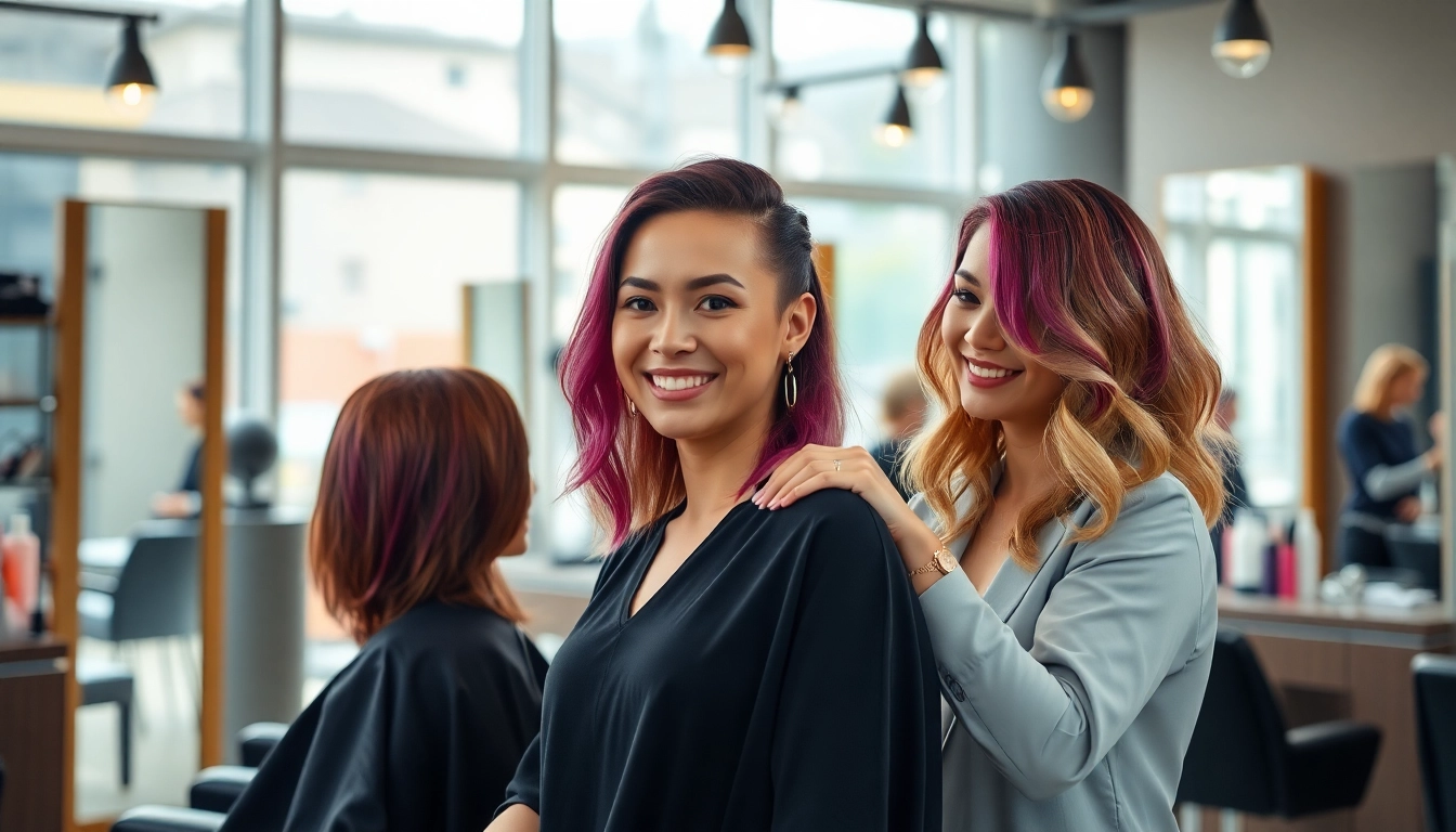 Frizer Craiova providing trendy hairstyle consultation in a modern salon.