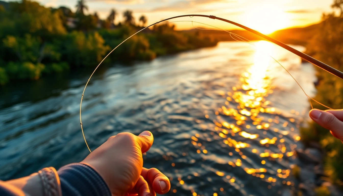 Fly fishing line in action over a tranquil river scene, capturing the essence of the sport.