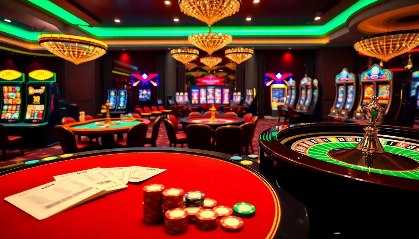 Scène captivante représentant un casino en ligne France avec des tables vibrantes et une roulette interactive.