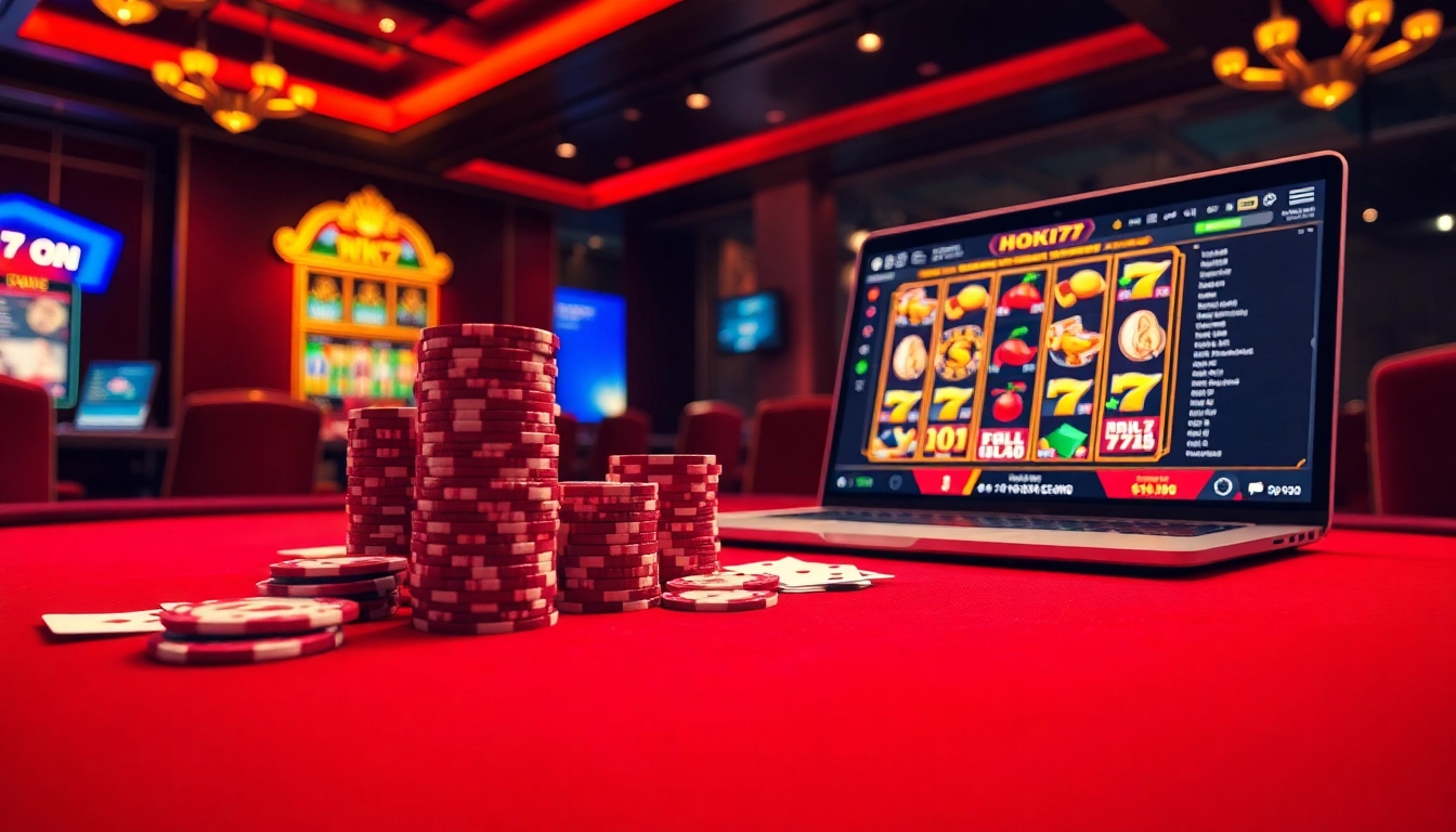 Experience the excitement of online gaming with the Hoki77 link showcased on a sleek laptop amidst a luxurious casino ambiance.