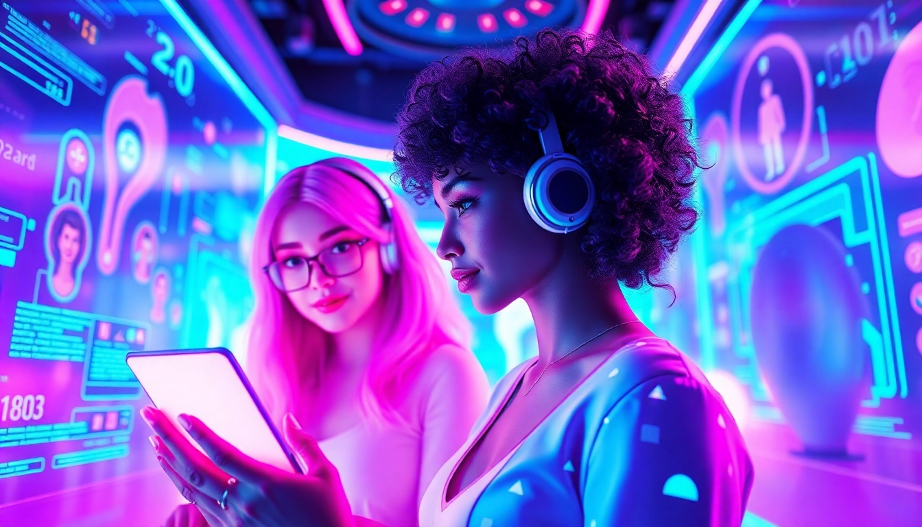 Engaging scene of users interacting with their AI girlfriends in a vibrant, futuristic digital environment.