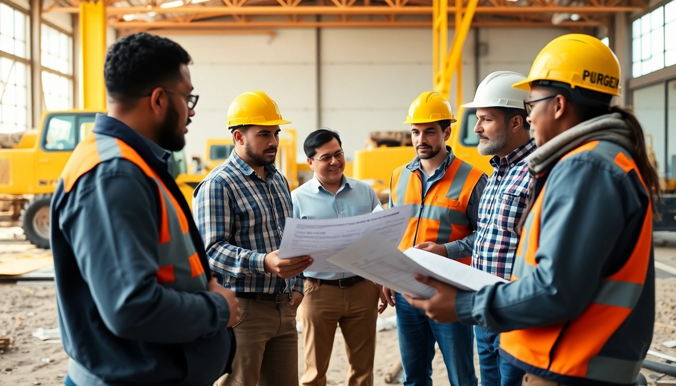 Engaging construction workforce development scene with diverse workers collaborating on-site.