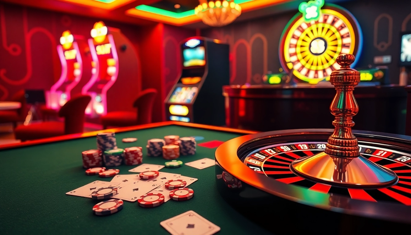 Engaging players with 8kbet at a luxurious casino table featuring cards, chips, and a roulette wheel.