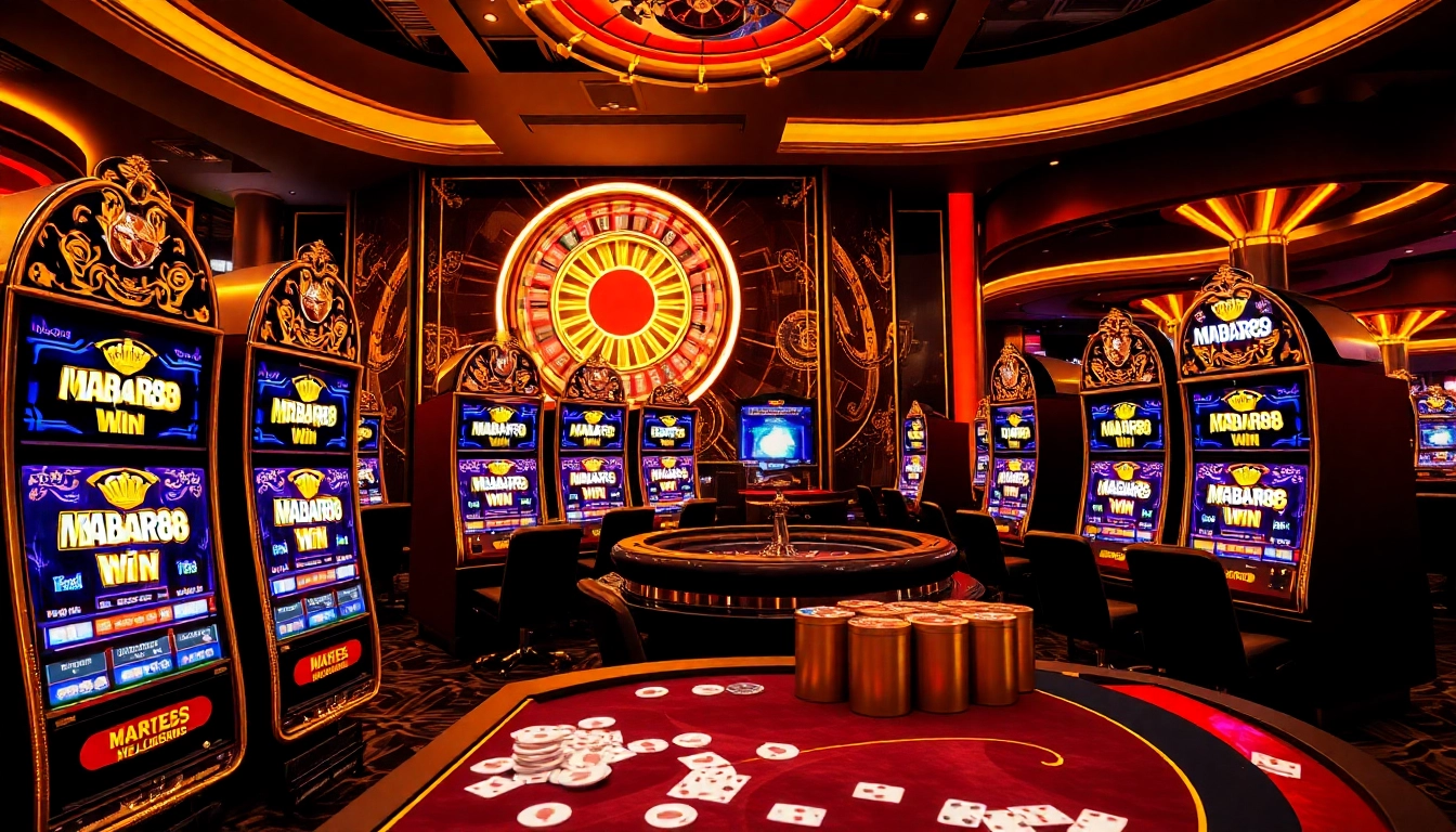 MABAR88 Win menunjukkan suasana kasino yang menarik dengan mesin slot glamor dan aksi permainan yang dinamis.