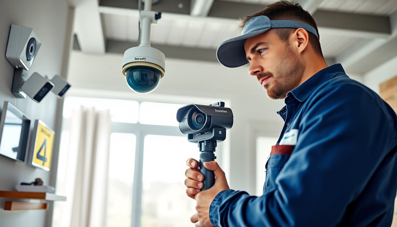 Instalación profesional de vigilancia por un técnico líder de una empresa de seguridad en un hogar moderno.