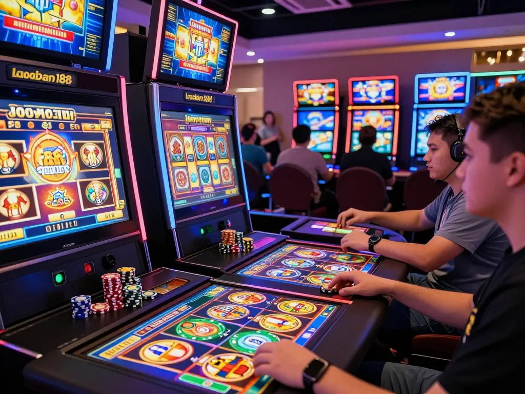 Suasana permainan online yang menarik menampilkan mesin slot laoban188 dengan grafis berwarna-warni dan pemain yang antusias.