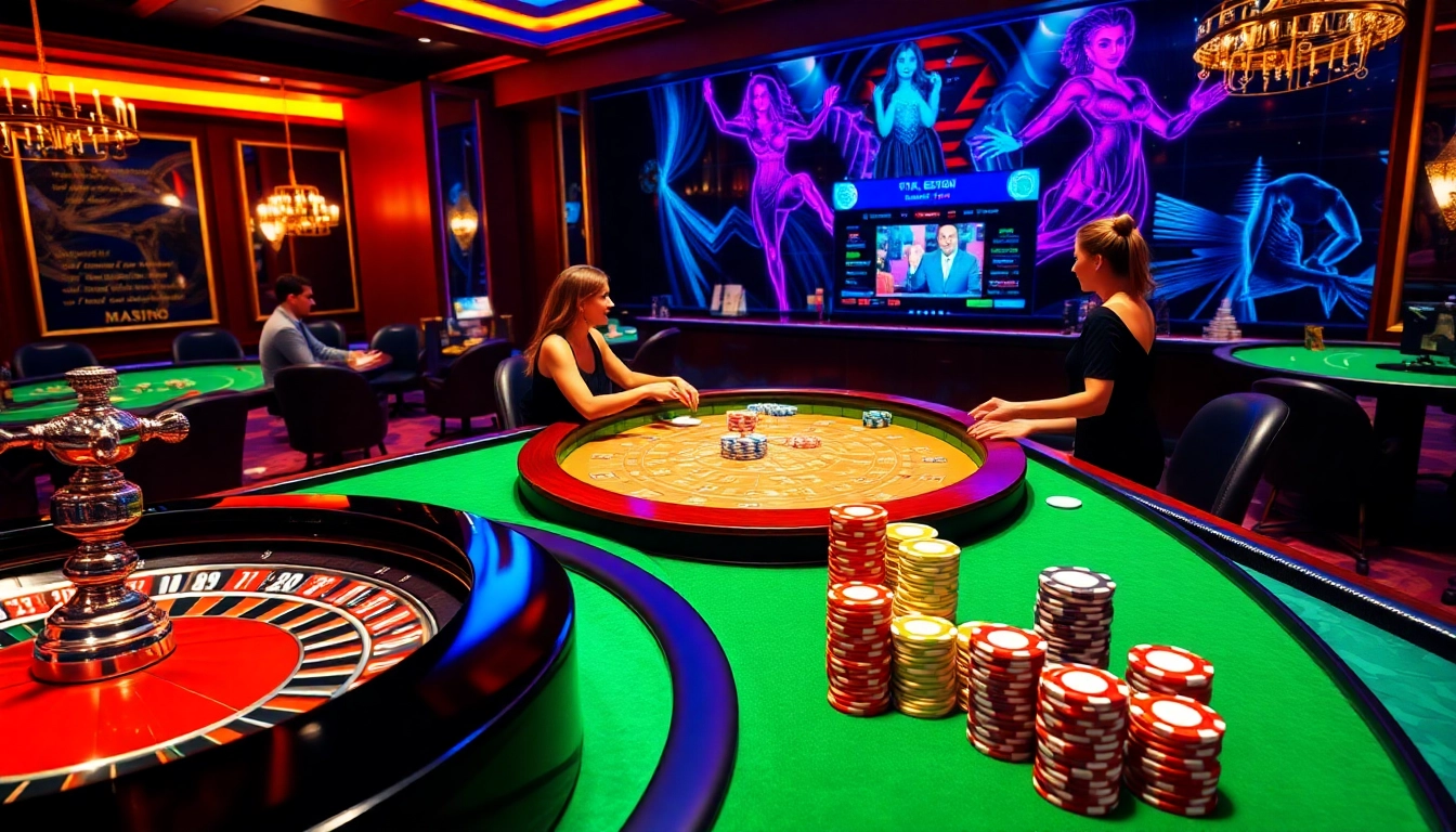 Joueurs engagés profitant du jeu en ligne au casino en ligne France avec des jetons de poker vibrants et une roulette, dégagent de l'excitation.