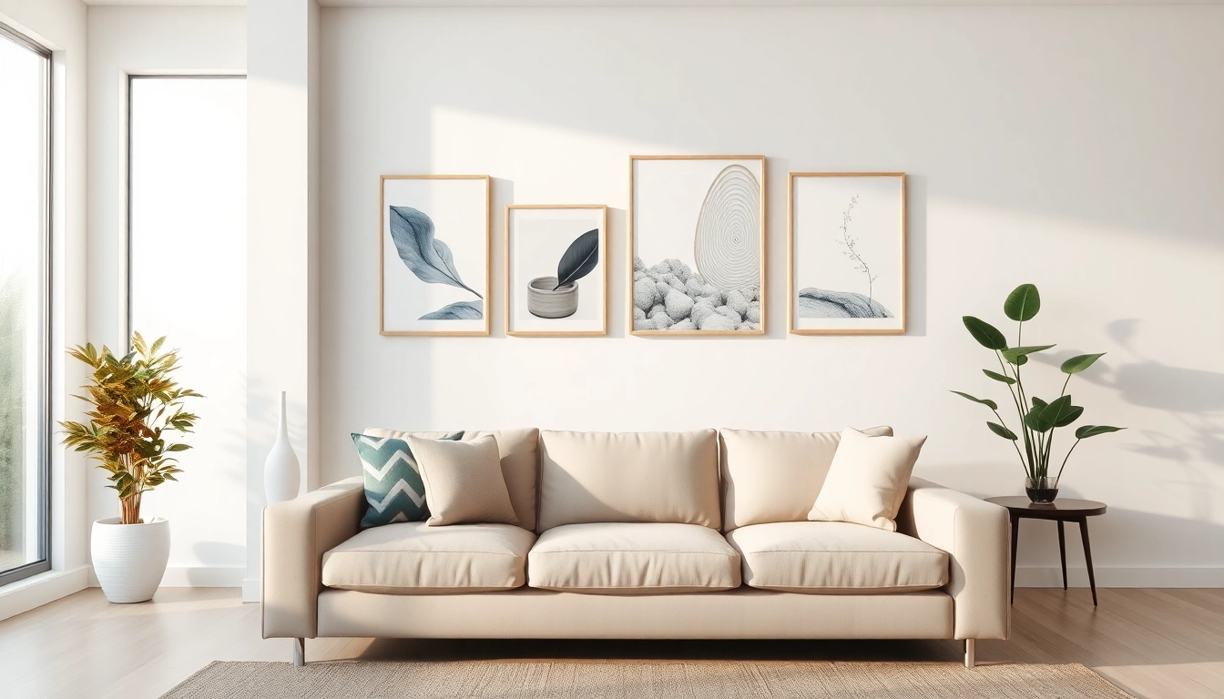 View of an elegant picture hanging arrangement featuring various art pieces.
