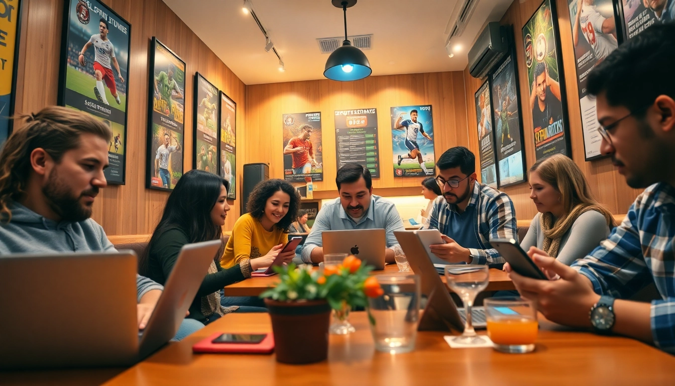 Engaged community discussing sports betting strategies with 슈어맨 services in a cozy café setting.