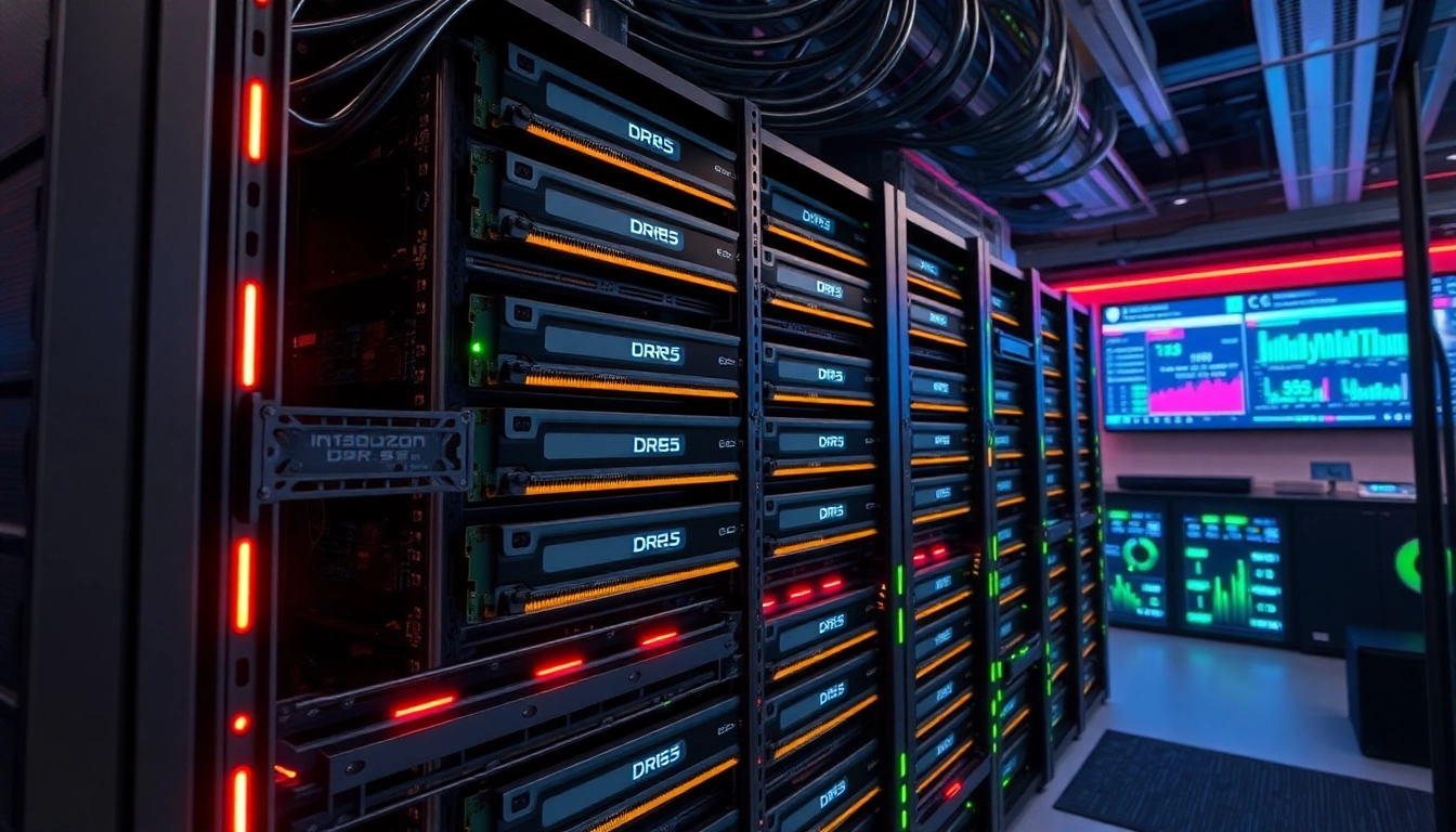 DDR5 memory modules showcased in a sleek data center, illuminating technology.