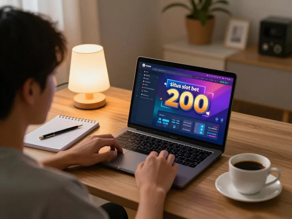 Engaging in online gaming with situs slot bet 200 displayed on the laptop, showcasing a cozy and focused atmosphere.