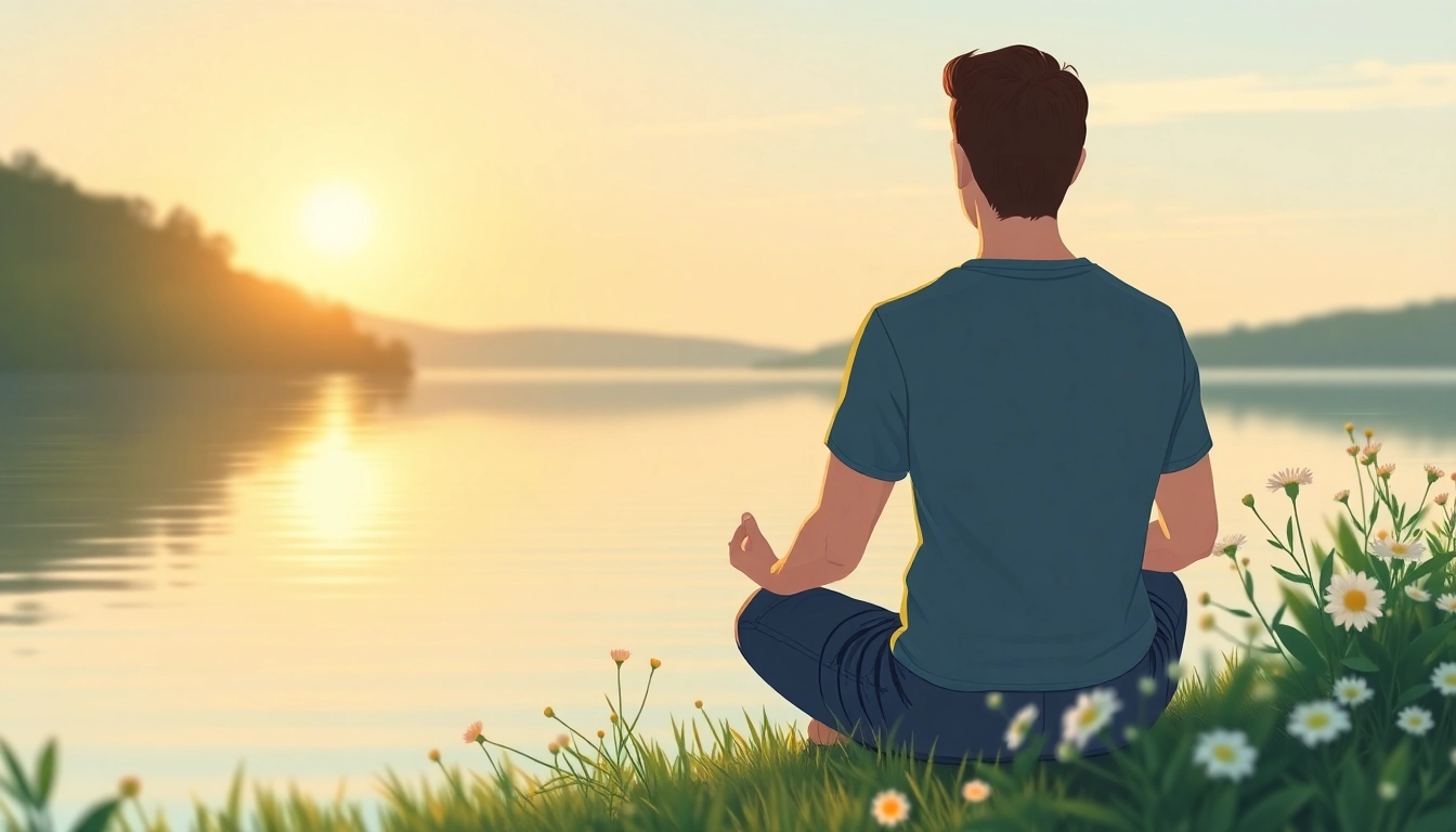 Anxiety symptoms illustrated through a calm person meditating by a lakeside during sunset.