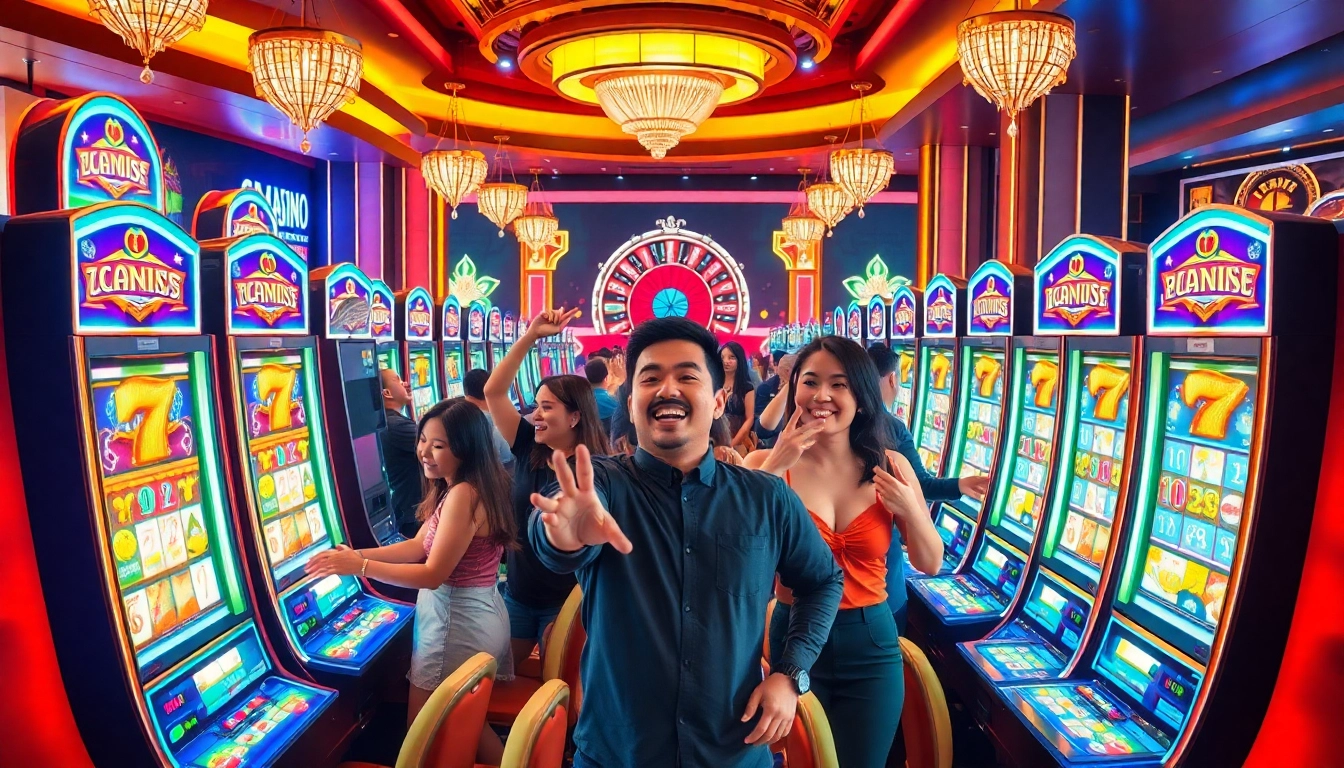 Players enjoying their time at a jamu slot machine in a luxurious casino setting, filled with excitement and potential winnings.